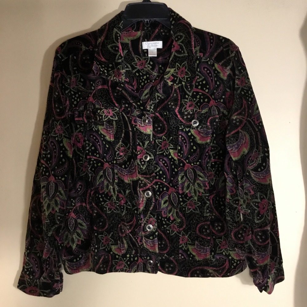 Christopher & Banks Womens Paisley Corduroy Jacket Black Floral Button Front L